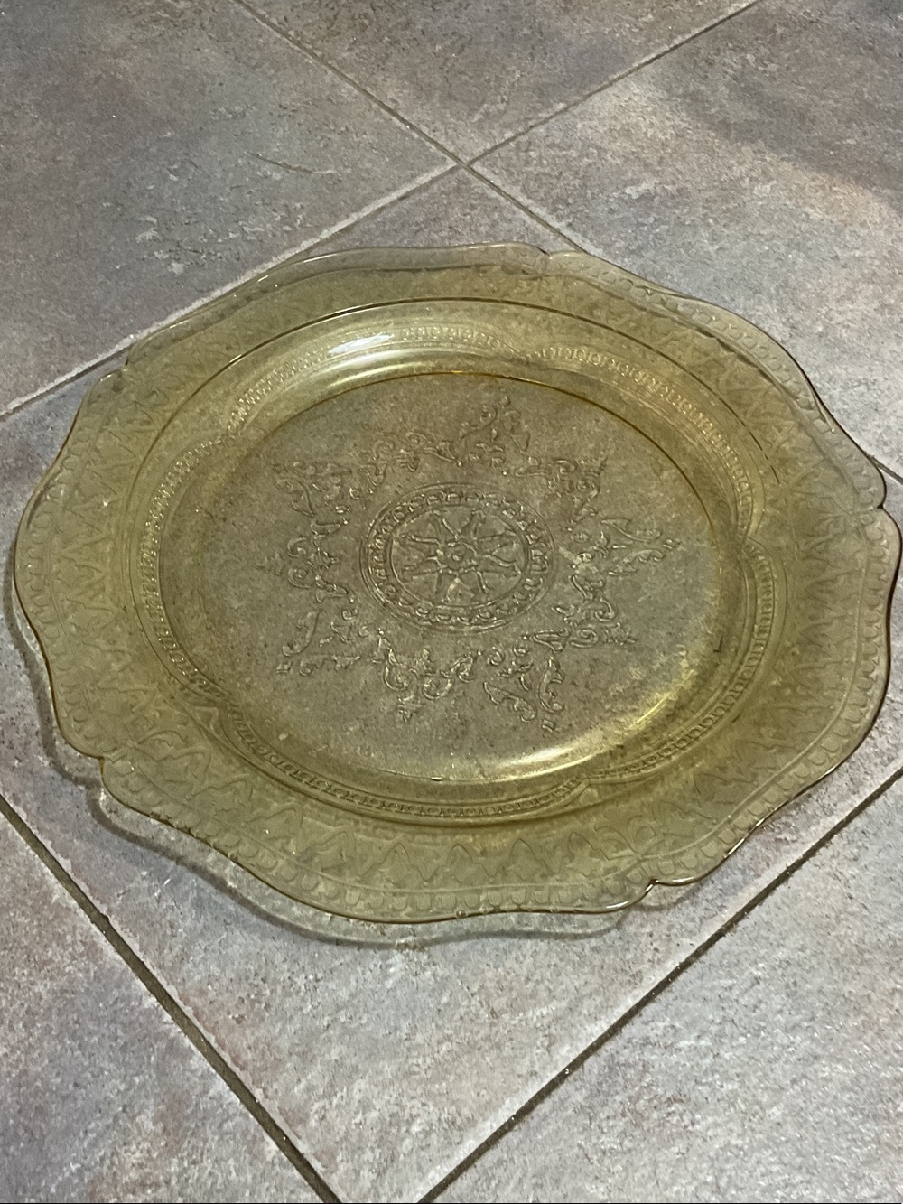 Rare yellow depression glass dinner plate.- Elegant Table Accent